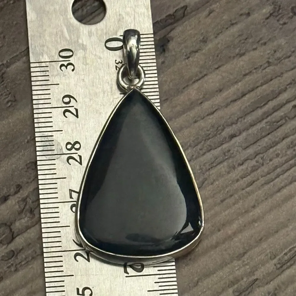 RARE Black Cat's Eye Pendant Necklace | Sterling Silver Teardrop Cabochon Stone